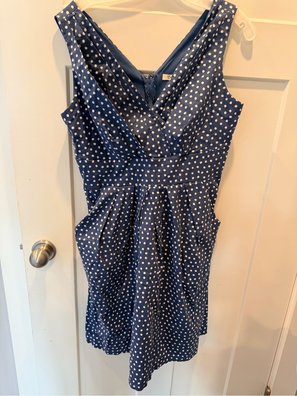 Corey P Polka Dot Dress Size 12 Blue Fit Flare Sleeveless Pleated Midi